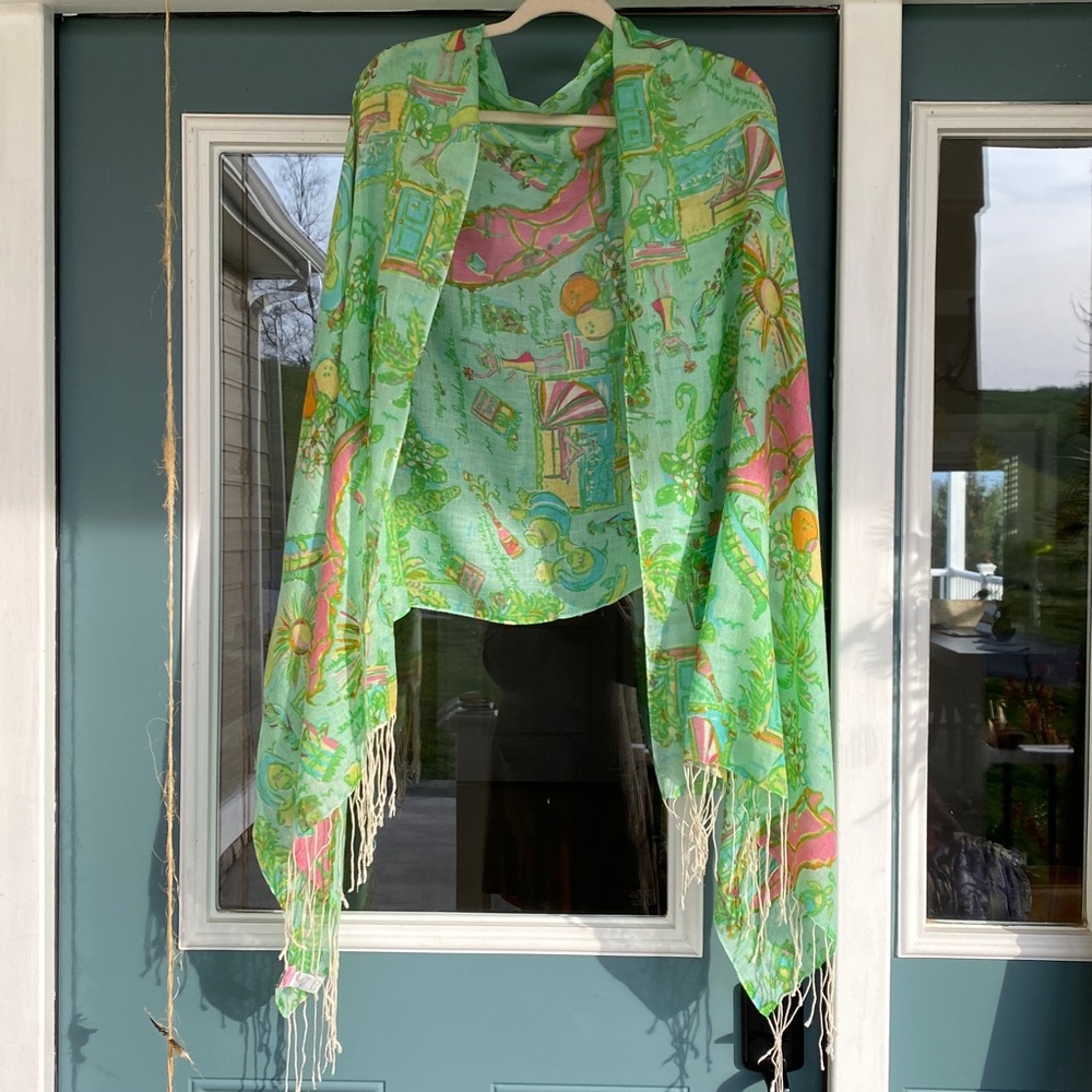 Lilly Pulitzer Murfee Green & Pink Silk-Cashmere Blend Florida themed Scarf